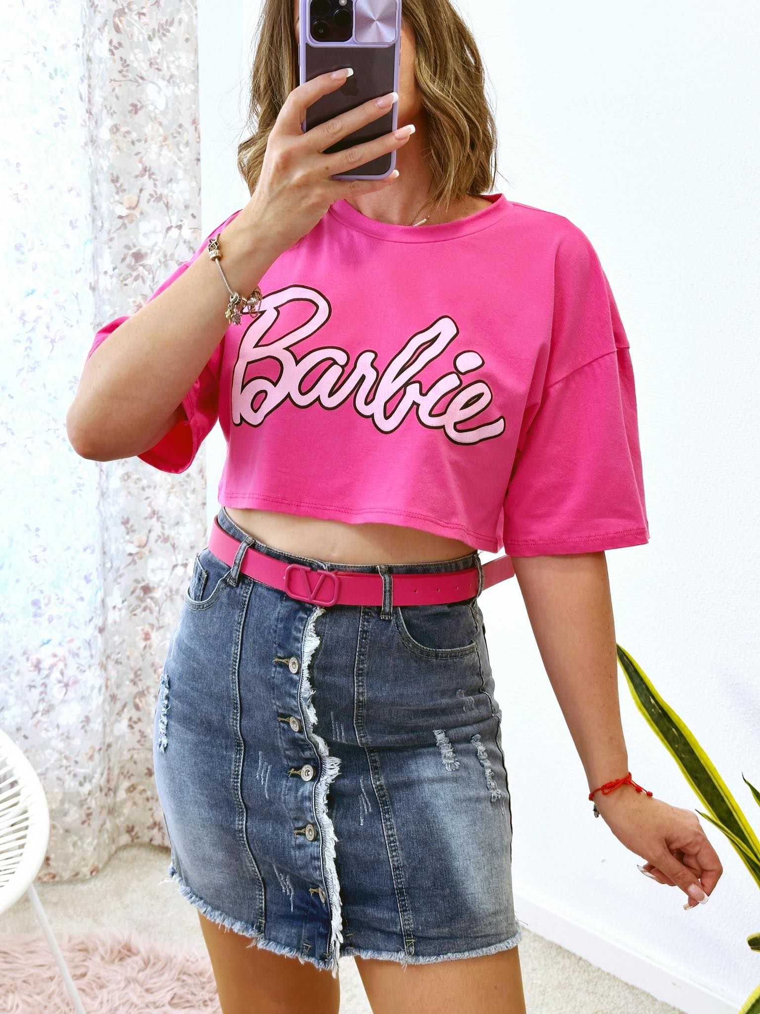 Camiseta Barbie de mujer tirantes ▷ Logo rosa purpurina