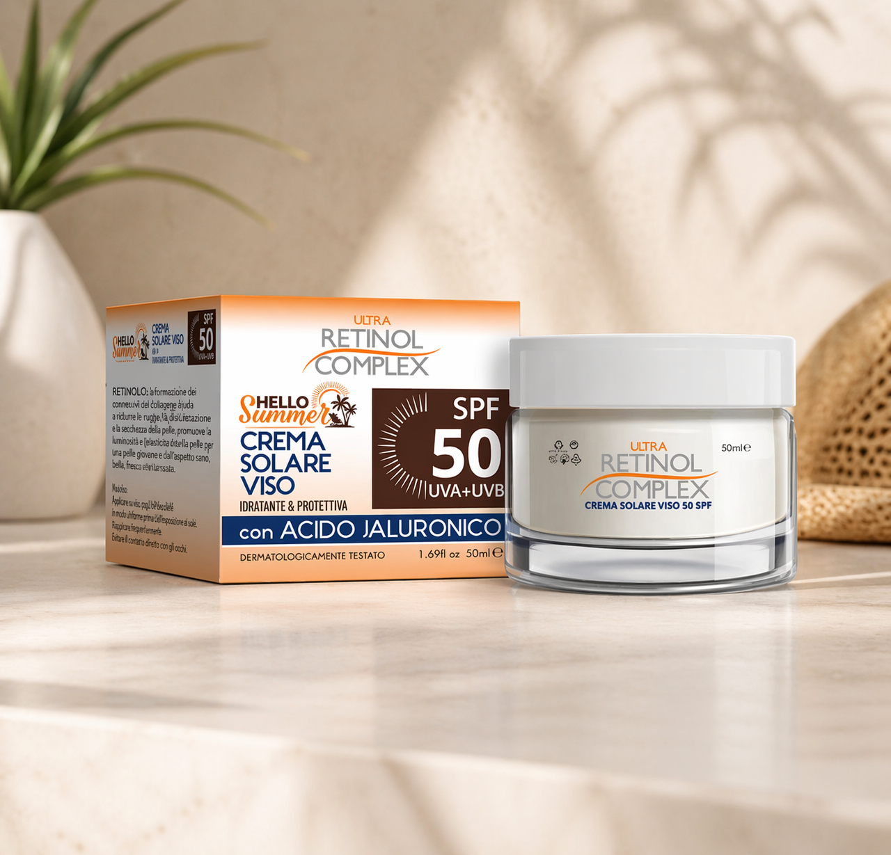 CREMA SOLAR FACIAL SPF 50 CON ÁCIDO HIALURONICO - RETINOL COMPLEX