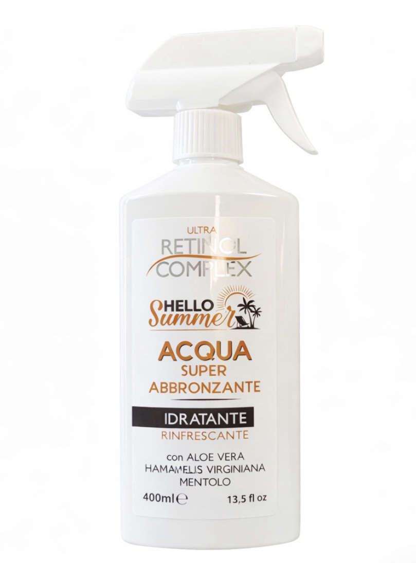 Agua bronceadora Retinol Complex.Consigue un bronceado más bonito, uniforme y luminoso mientras cuidas tu piel con esta bruma corporal refrescante ideal para el verano. Su fórmula ligera y de rápida absorción está enriquecida con aloe vera, hamamelis y mentol, aportando una sensación inmediata de frescor e hidratación, perfecta para esos días de sol y playa.