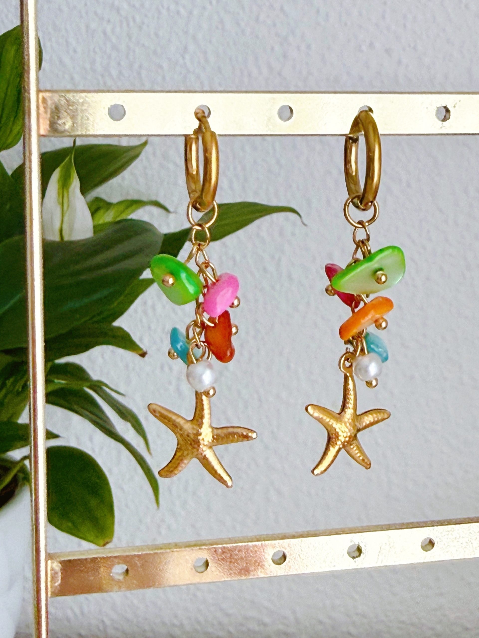 PENDIENTES ESTRELLA DE MAR PIEDRAS COLORINES  - ACERO