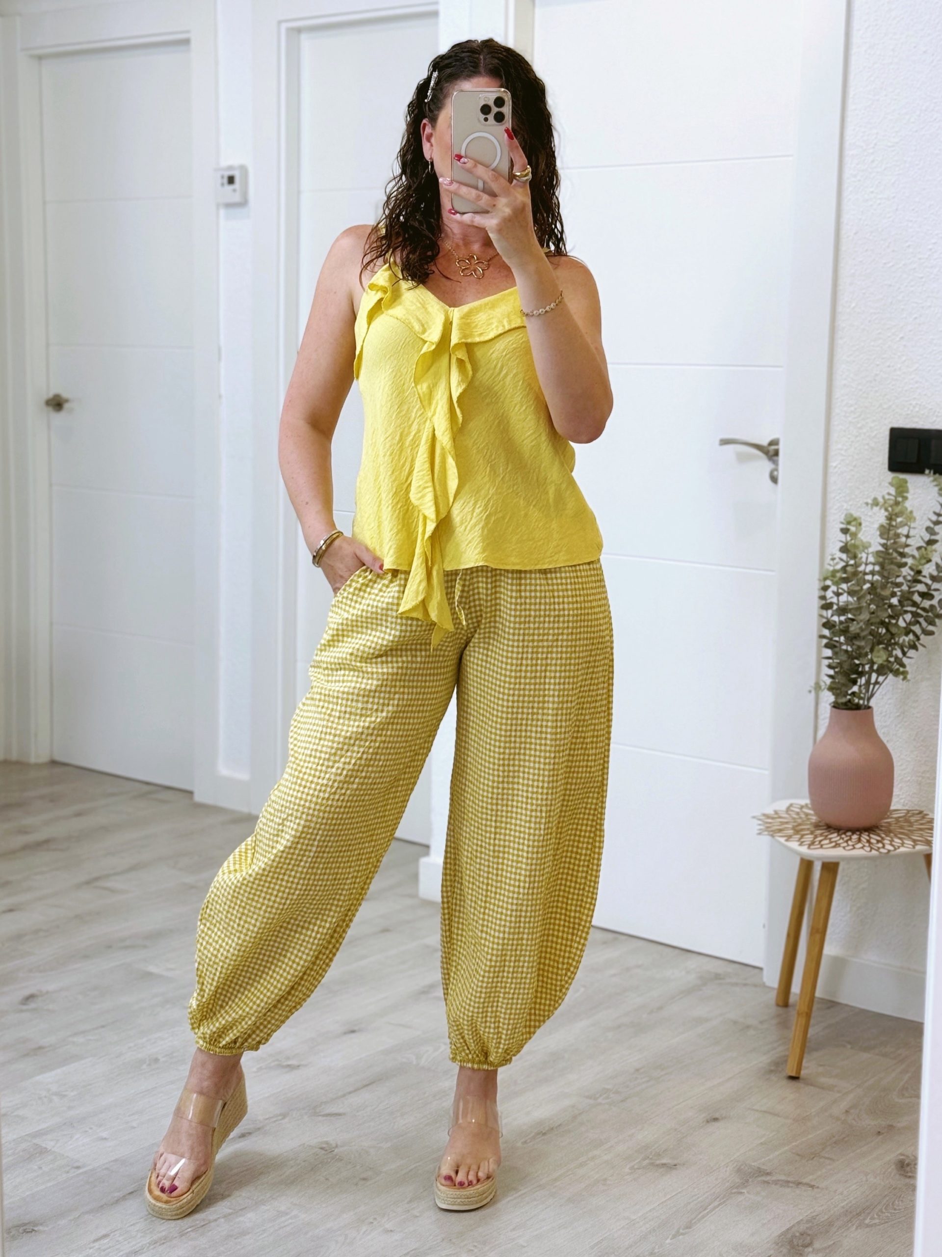 PANTALÓN GLOBO VICHY MOSTAZA