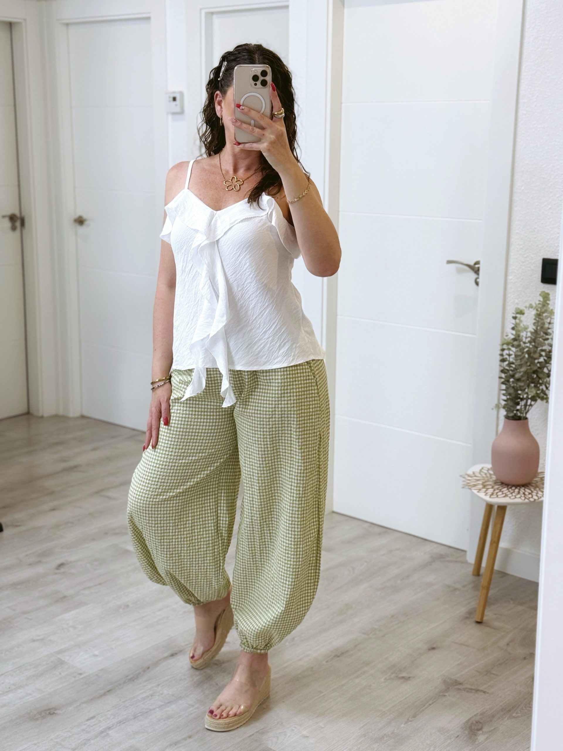 PANTALÓN GLOBO VICHY VERDE