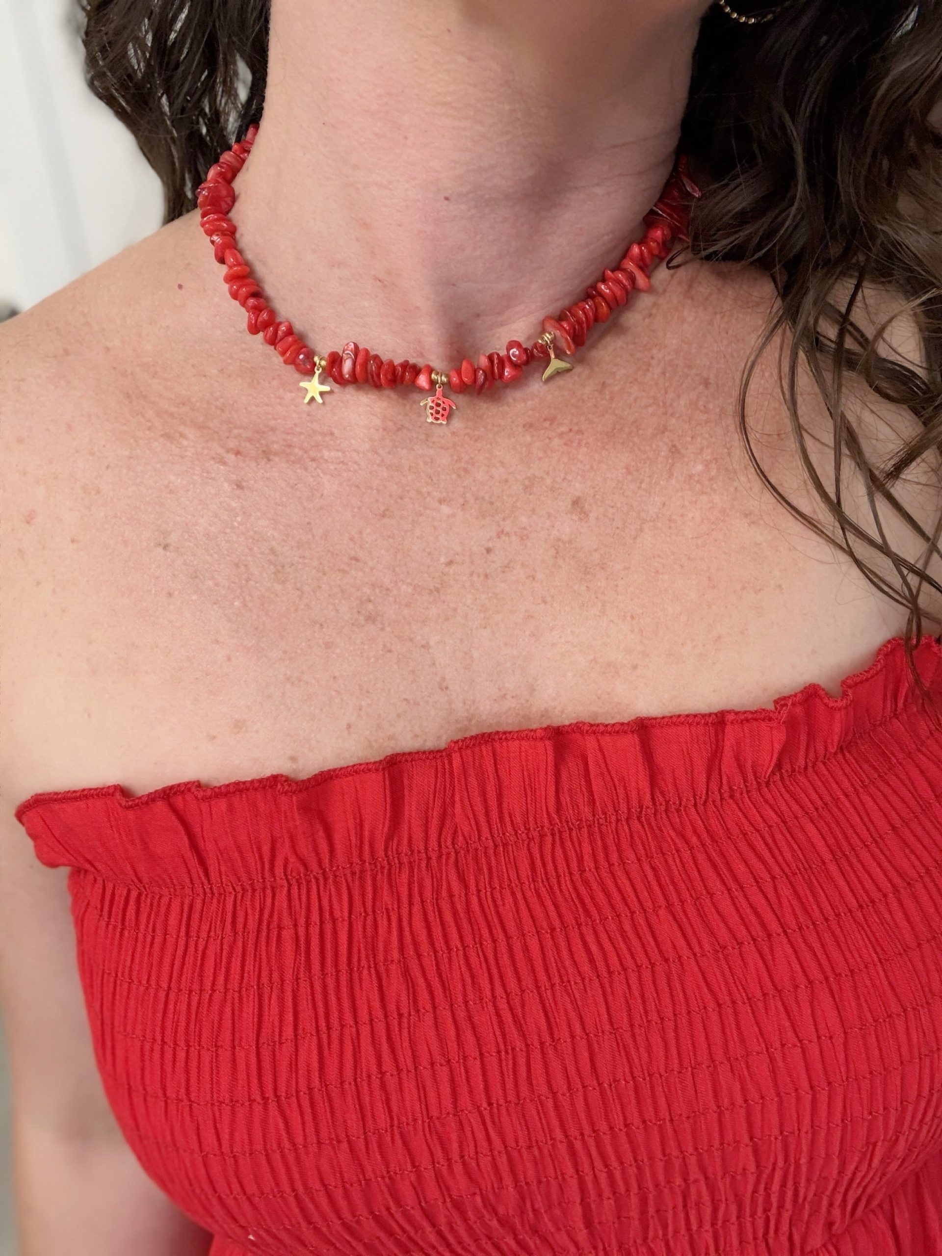 COLLAR TORTUGA Y PIEDRITAS ROJO