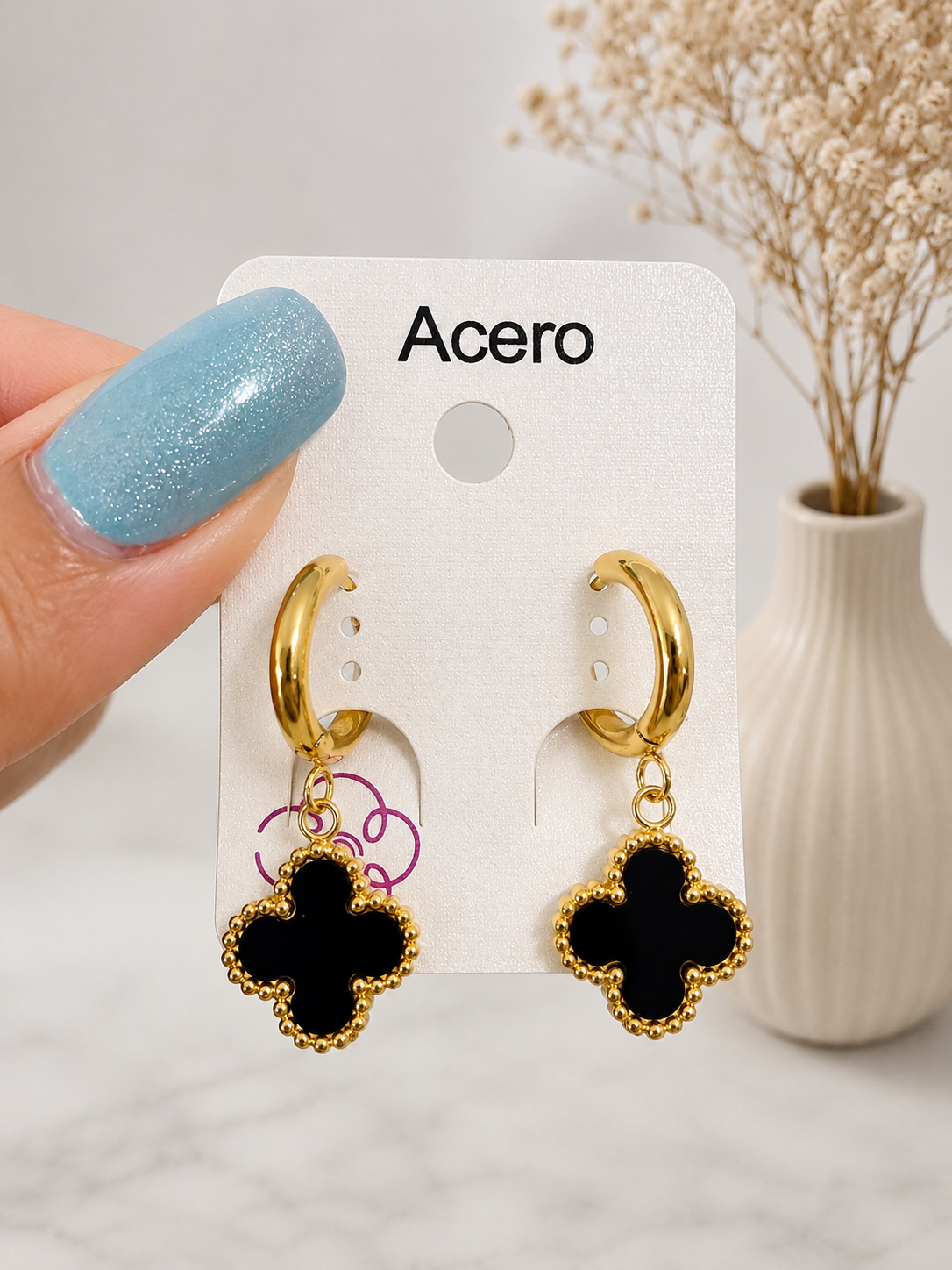 PENDIENTES COLGANTE FLOR NEGRA - ACERO